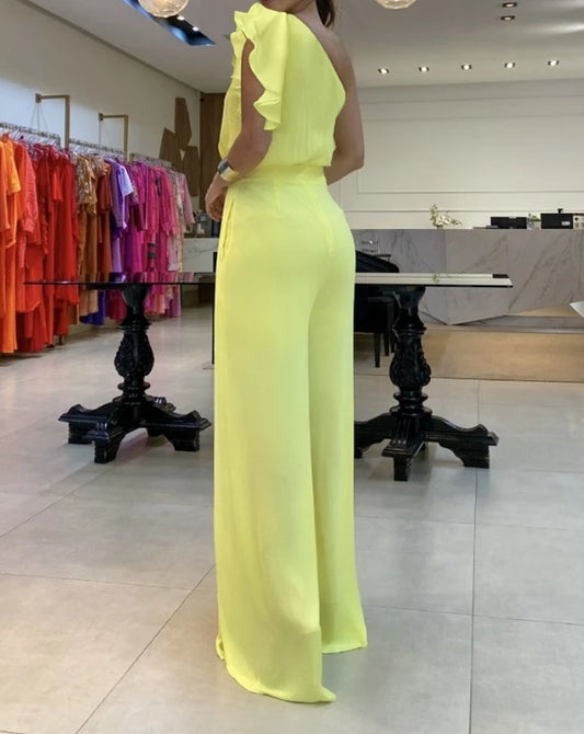 Soft Yellow 3D Big Flower Detail Asymmetrical One Shoulder Sleeveless Temperament Skinny Fit Jumpsuit