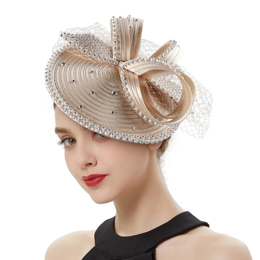 Satin Rhinestone Big Bow Detail Slanted Women's Church/Bridal/Derby Fedora Hat