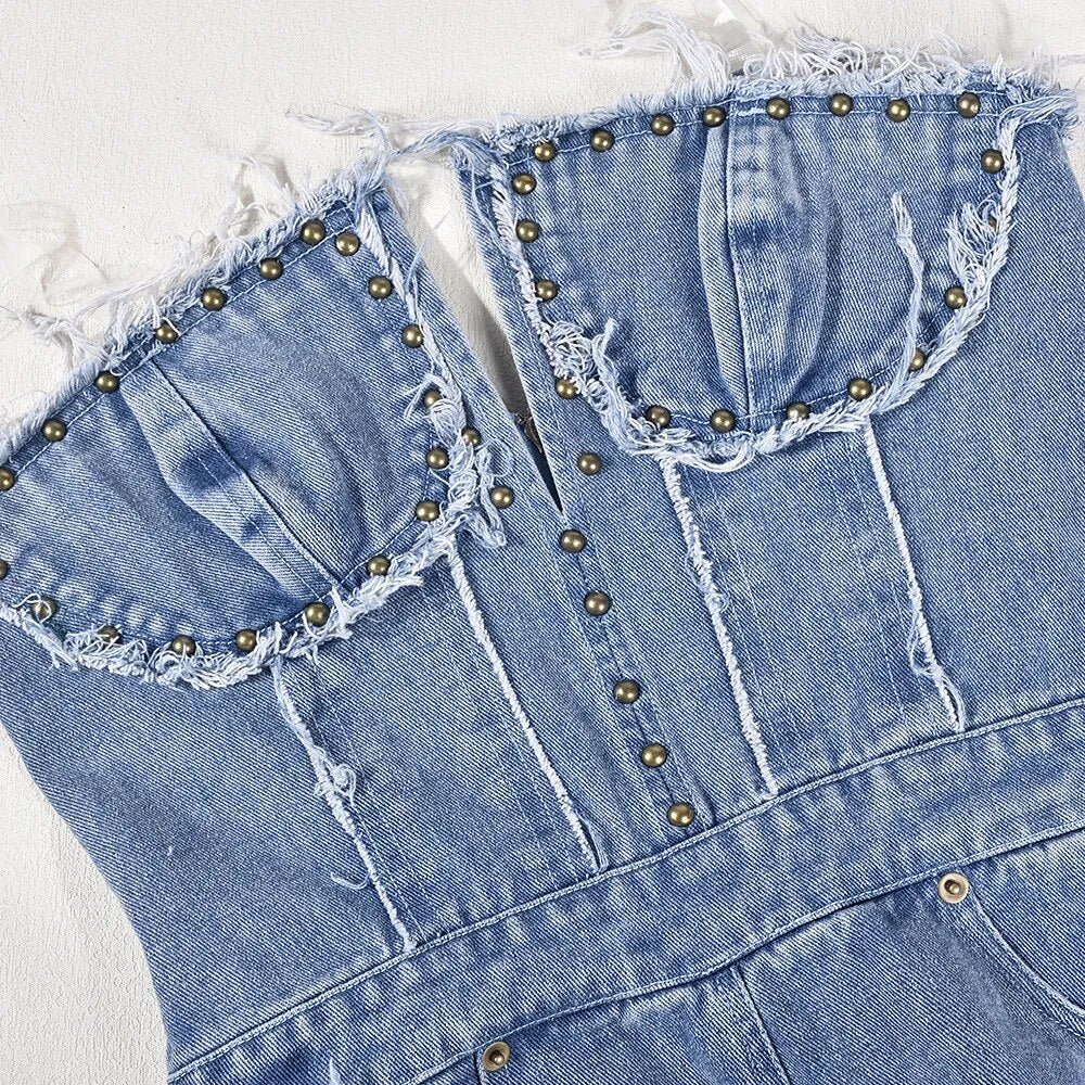 Vintage Denim Gold Metal Rivet Tassel Hole Design Strapless Tube Sleeveless V-Neck Jumpsuit