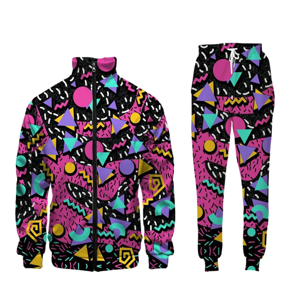 Men's Retro 80's Hip-Hop Geometric Multi-Colored Print Mandarin Collar Zipper Jacket + Jogger Sweatpants Tracksuit