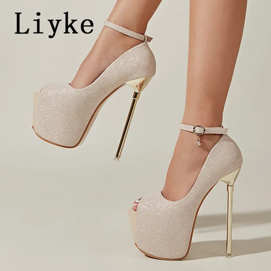 Platform Super High Stiletto Open Toe Buckle Strap Stripper Pumps
