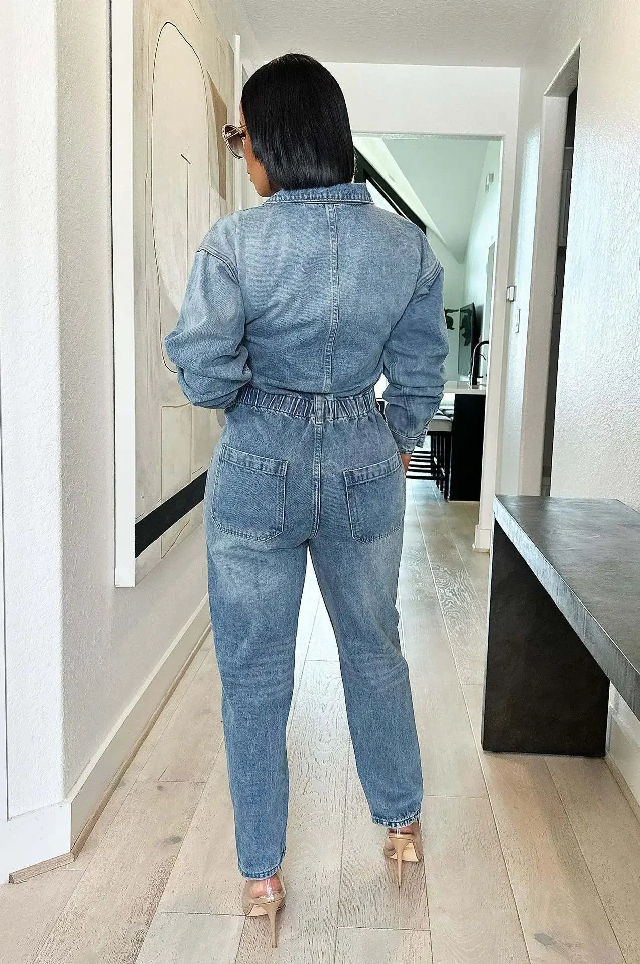 Denim Light Blue Faded Washed Turn-Down Collar Long Sleeve Single Breasted Skinny Romper Jean Jumpsuit