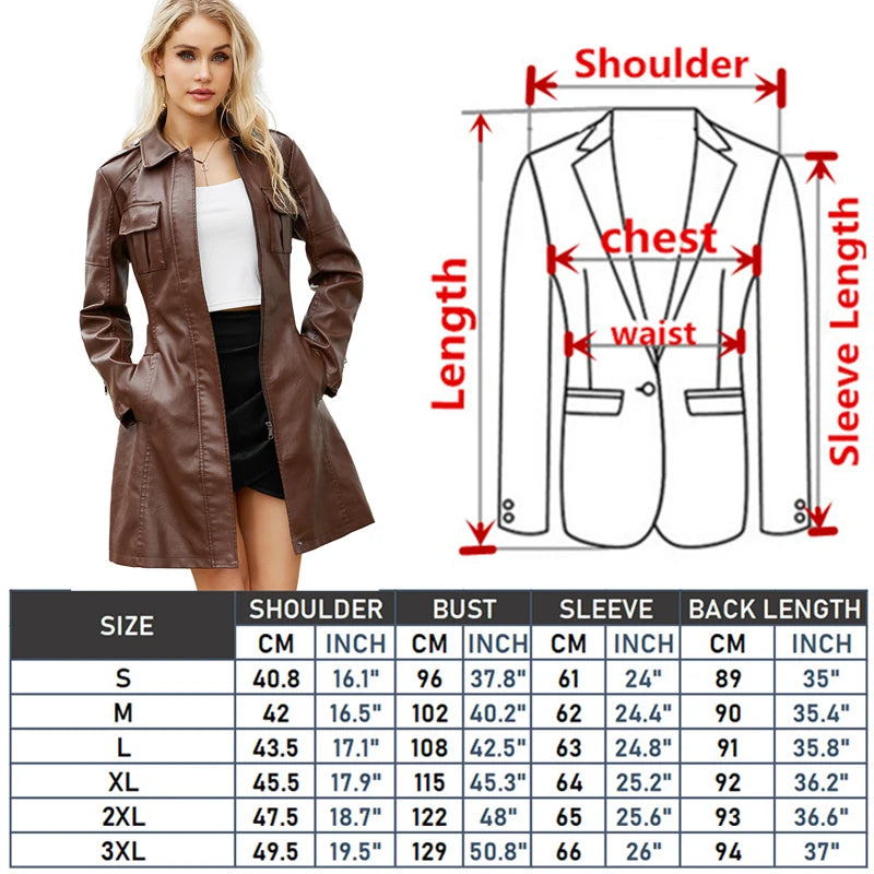 Faux Leather Solid Color Pocket Detail Button Front Women's Long Sleeve 3/4 Length Turn-Down Collar Jacket