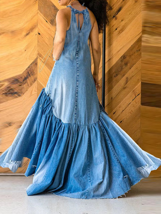 Denim Bowtie Neck Halter Big Swing Sleeveless Flared Mermaid Plus Size Maxi Jean Dress to 4X Plus Size