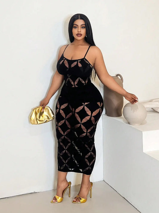 Mesh Sleeveless Black Geometric Hollow-Out Pattern Spaghetti Strap Maxi Plus Size Dress