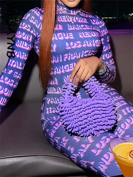 Purple Grafitti Printed Women's Long Sleeve Bodycon Skinny Jumpsuit