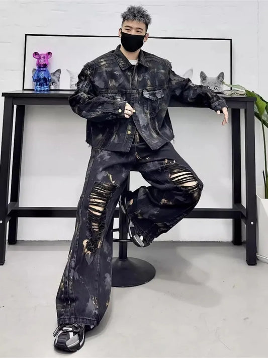 Black Tie-Dye Colorblock Streetwear Hip-Hop Men's Denim Jean Jacket + Ripped Wide Leg Jeans 2-Piece Set