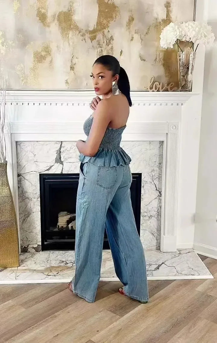 Denim Ruffled Trim Stretch Tube Top + Drawstring Elastic Waist Wide Leg Pants 2-Piece Set