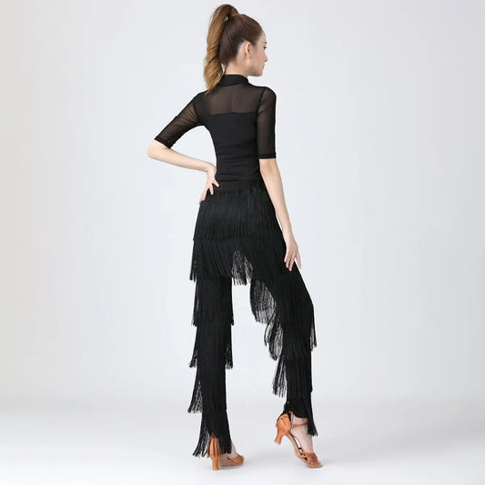 Tassel Fringe Design Women's Solid Color Latin Dance Pants