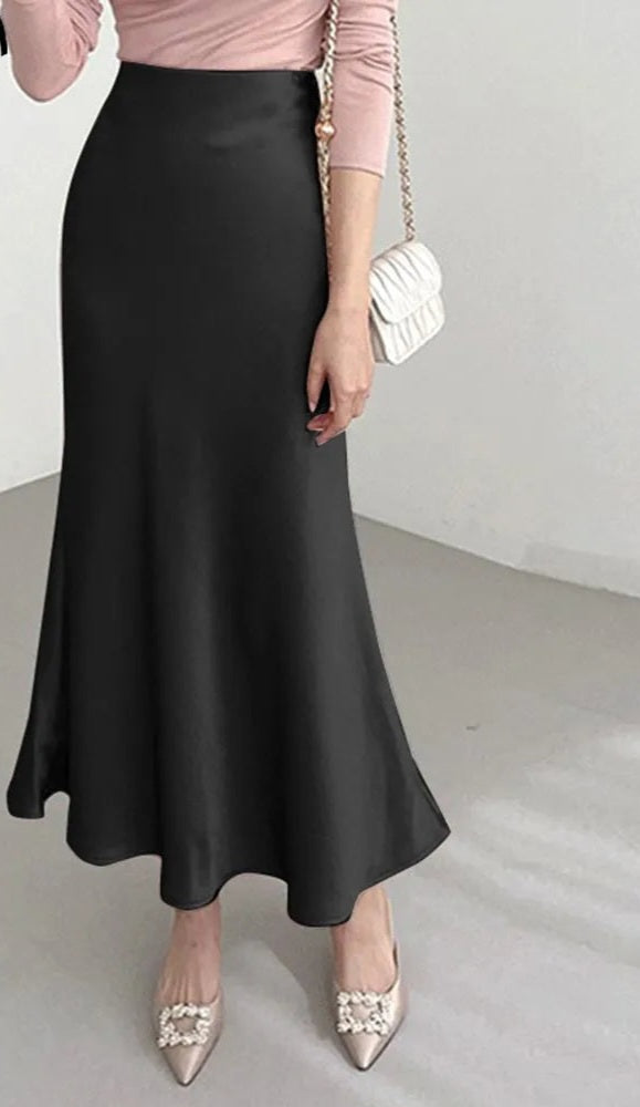 Satin Pleated Solid Color Loose Flared Maxi Skirt to 5X Plus Size