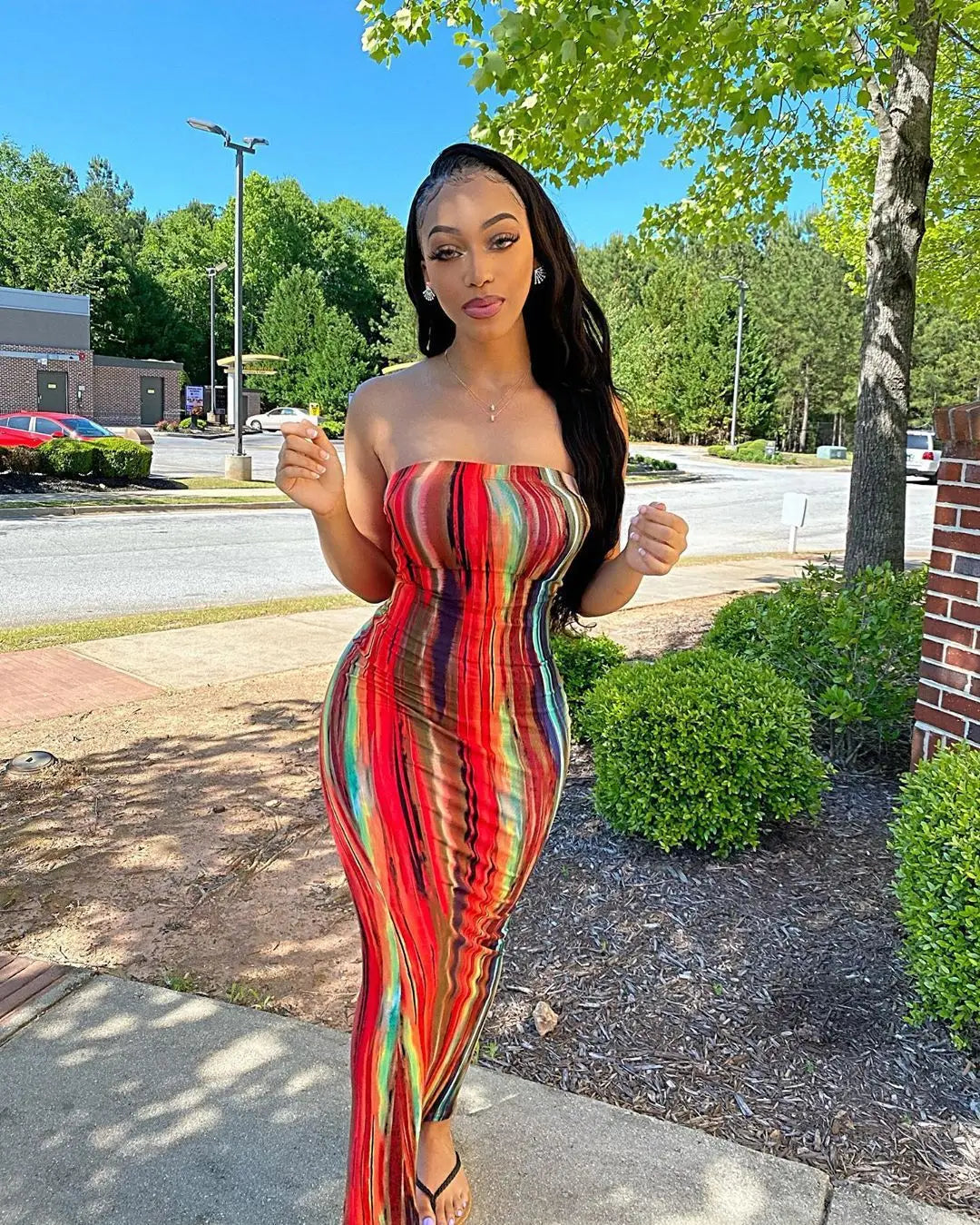 Sleeveless Tube Top Design/Long Sleeve Striped Colorblock Printed Bandage Skinny Maxi Dress