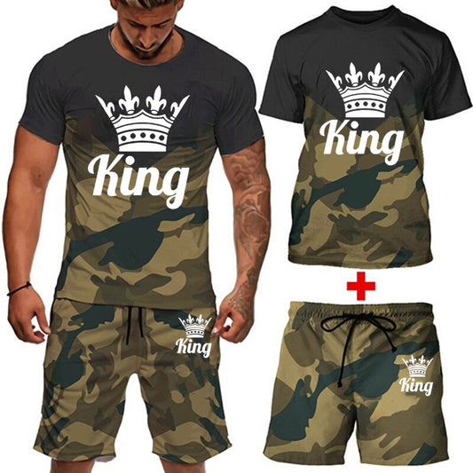 Men's "King" "Love" Camo Pullover Hoodie Sweatshirt + Jogger Sweatpants Tracksuit/2-Piece T-Shirt + Shorts Set