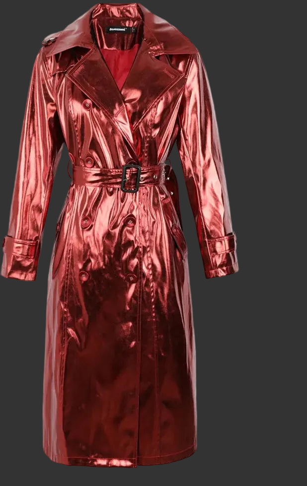 Metallic Patent Leather Turn-Down Collar Sash Belted Double Breasted Women's Trenchcoat to 5X Plus Size