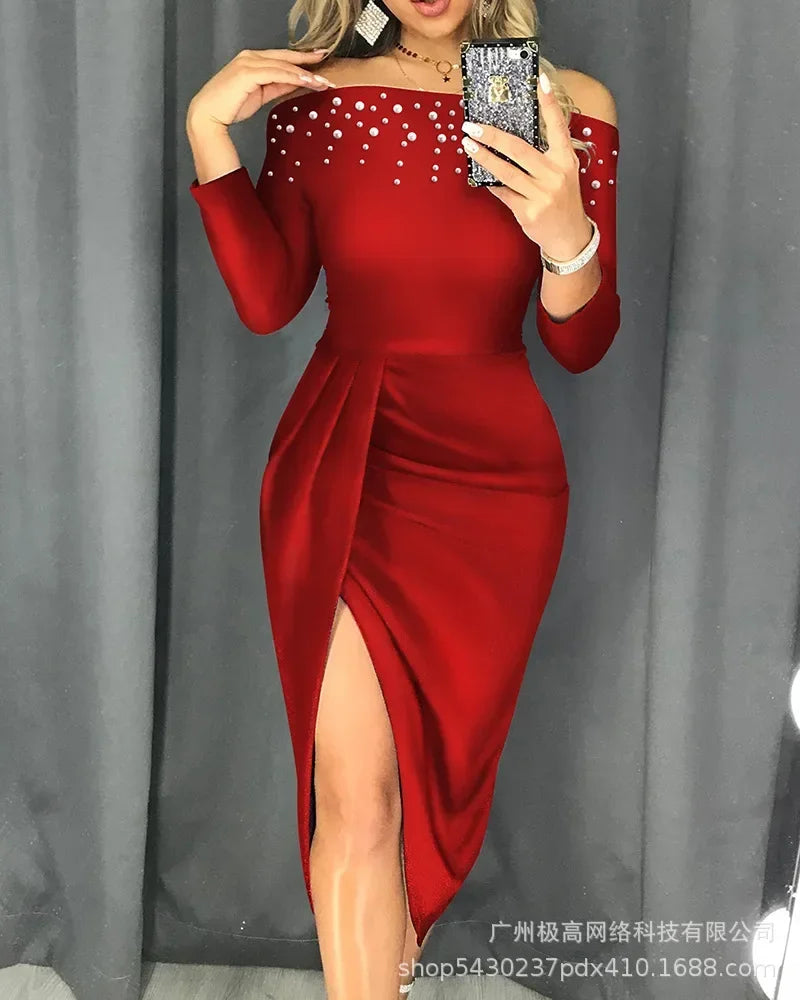 Off-the-Shoulder Pearl Embroidered Ruched Long Bubble Sleeve High Side Slit Solid Color Bodycon Midi Formal Dress