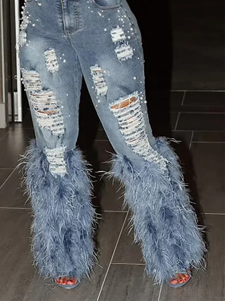 Tassel Pearl Fringe Ripped Feather Detail Hollow-Out Y2K Streetwear Denim Women's Skinny Jeans