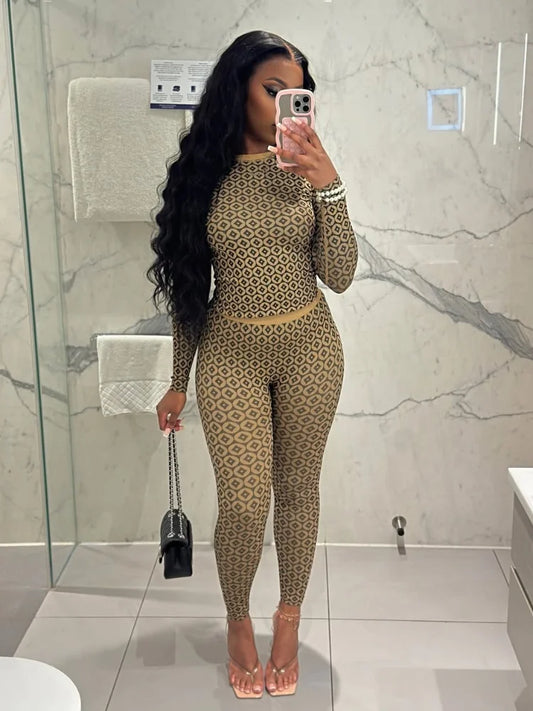 Geometric Monogram Black/Tan Contrast Print Women's O-Neck Long Sleeve Pullover Top + Skinny Leggings 2-Piece Set