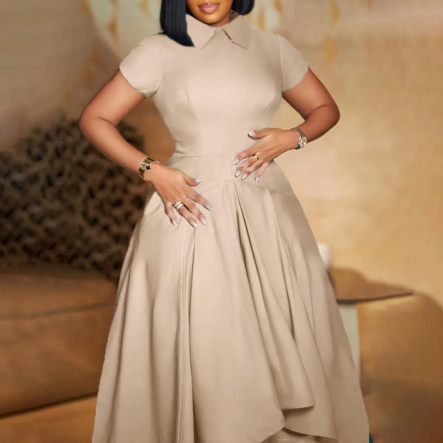 Asymmetrical Hem Turn-Down Collar Temperament Solid Color Short Sleeve High Waist Big Swing Flared Maxi Dress