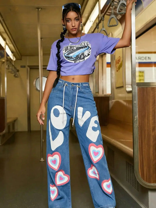 Denim Love Heart Print Streetwear Drawstring Women's Slanted Pocket Stright Leg Jeans