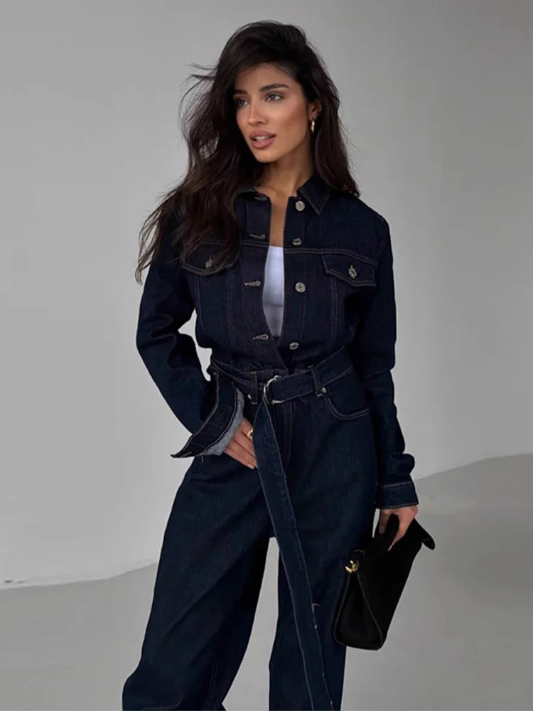 Denim Women's Button Front Turn-Down Collar Lace-Up Long Sleeve Wide Leg Streetwear Jumpsuit
