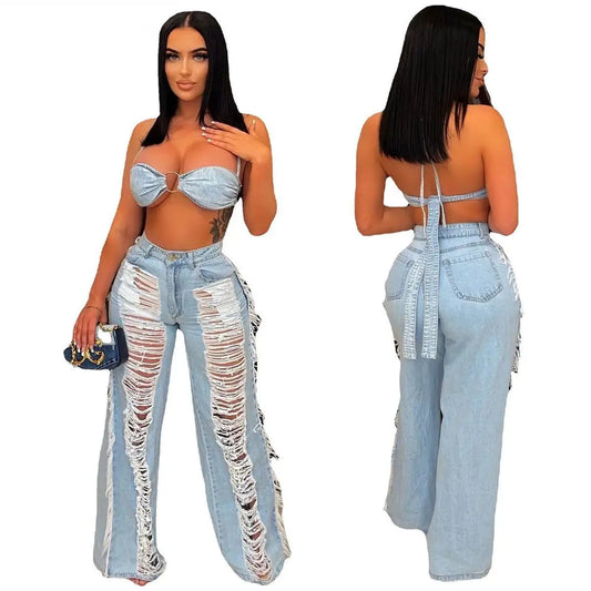 Sky Blue Denim Sleeveless Crop Tube Top + Ripped Women's Tassel Fringe Hollow-Out Two Piece Sets Women Outifits