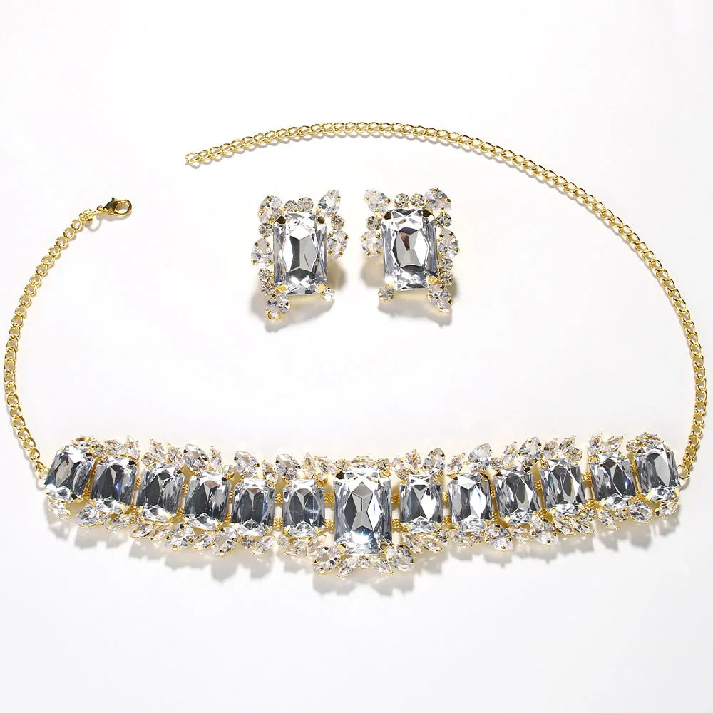 Oversized Geometric Rhinestone Square Earrings with Matching Choker 2-Piece Jewelry Set