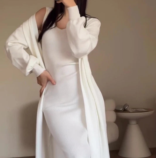 Basic Long Sleeve Solid Color Maxi Cardigan + Sleeveless Halter Tank Dress 2-Piece Set to 3X Plus Size