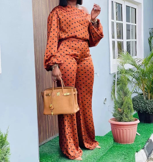 Orange/Black Polka Dot Printed Off-the-Shoulder Long Sleeved Skew Collar Top & Elastic Waist Leggings Women's 2-Piece Set to 3X Plus Size