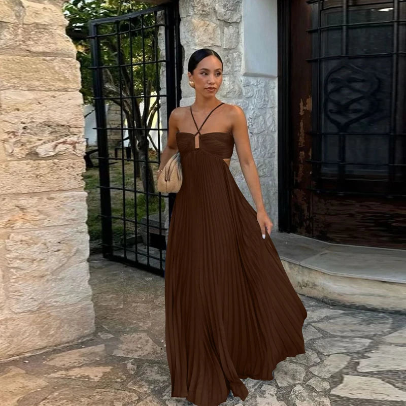 Pleated Halter Spaghetti Strap Backless Sleeveless Beach Maxi Dress