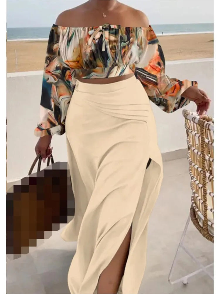Off-the-Shoulder Geometric/Colorblock/Floral/Abstract/Solid Printed Crop Top + High Slit Maxi Skirt 2-Piece Set to 3X Plus Size