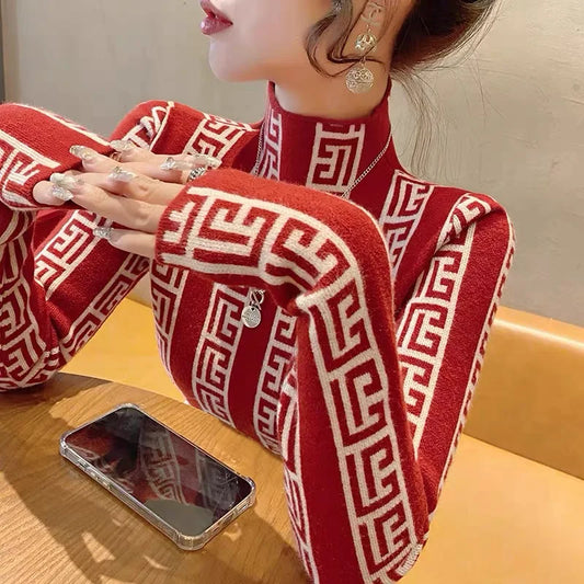 Vintage Geometric Print Turtleneck Long Sleeve Women's Sweater