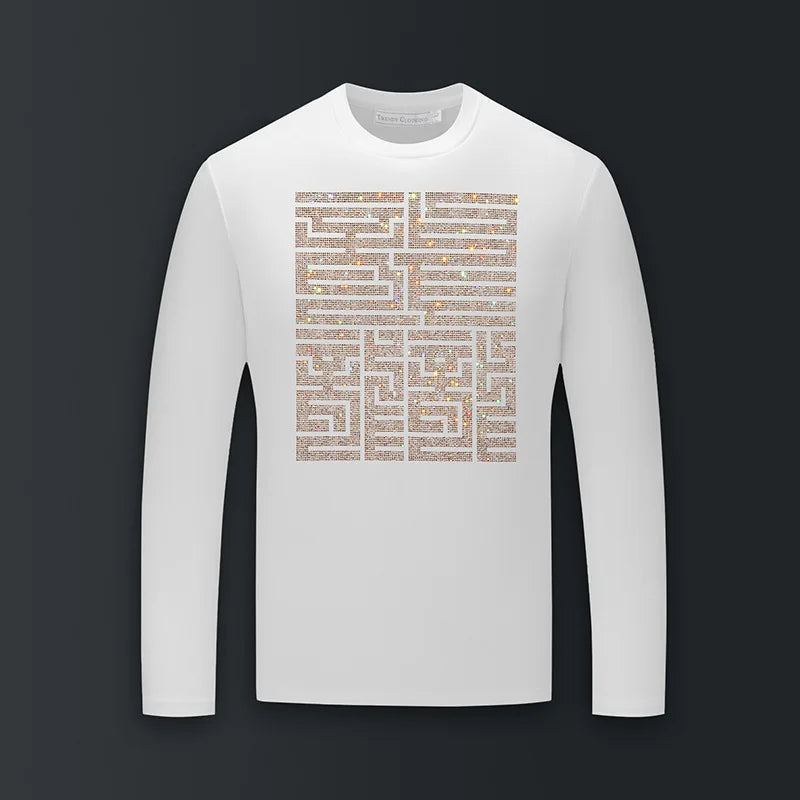 Gold Metallic Men's Rhinestone Streetwear O-Neck Long Sleeve Skinny Fit Modal Cotton T-Shirt