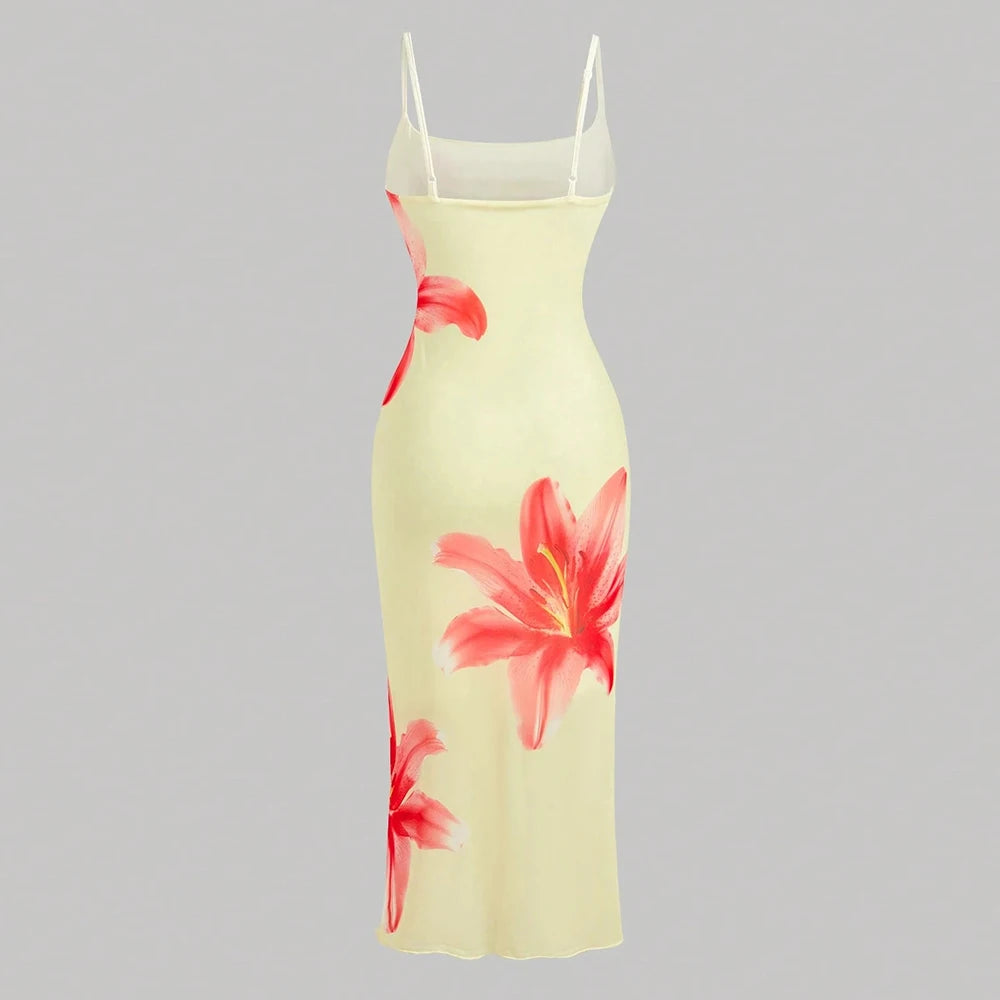 Black/Pink Sleeveless Flower Print Square Neck Spaghetti Strap Maxi Dress