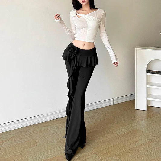 3D Flower Ruffled Women's Vintage Wide Leg Trouser Pants