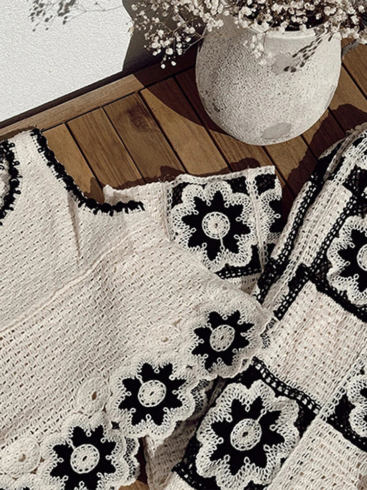 Crochet Black/White Flower Embroidered Knitted Hollow-Out Sleeveless Vest + Matching Pants 2-Piece Set