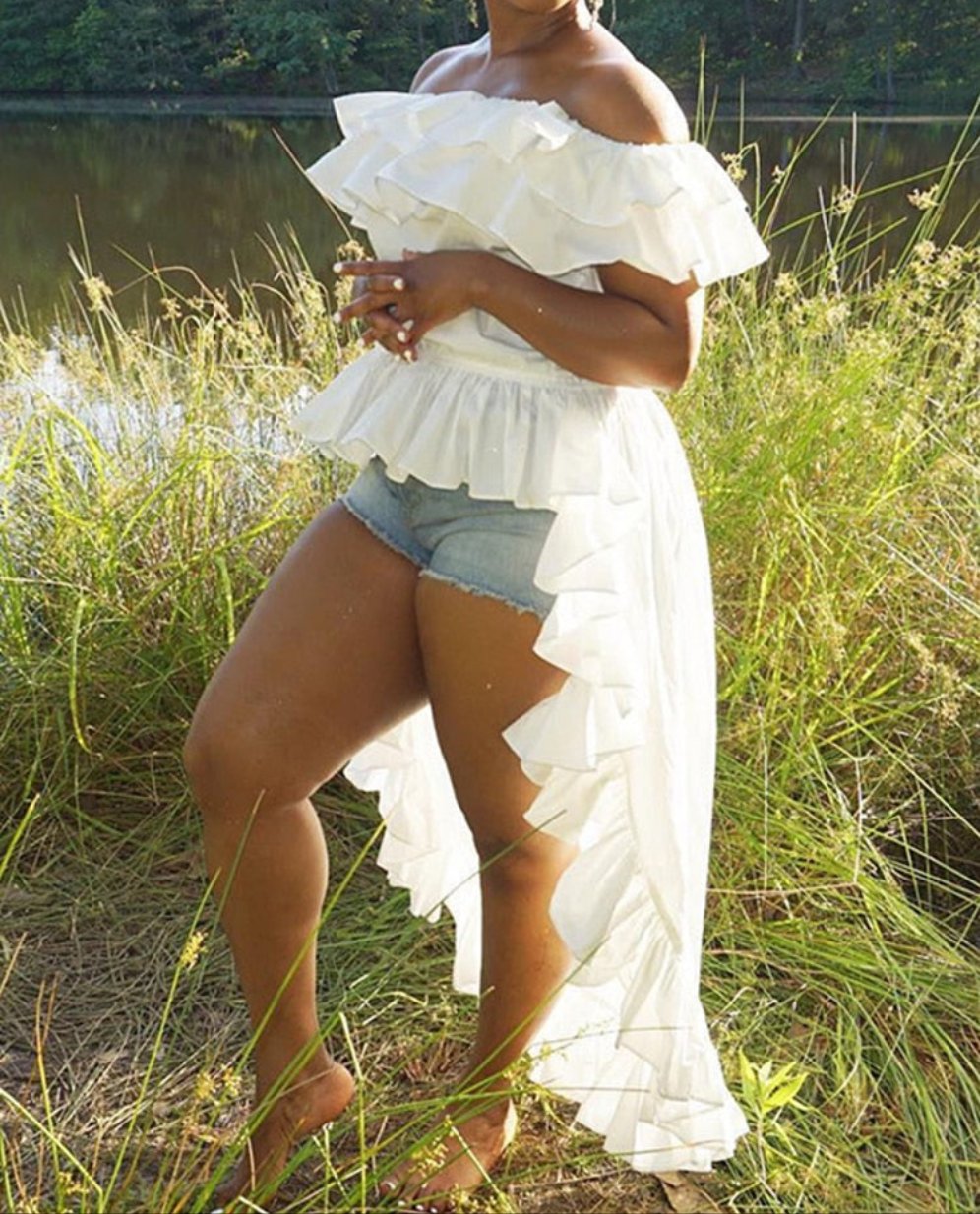White Ruffled Solid Color Off-the-Shoulder Dip Hem Maxi Blouse