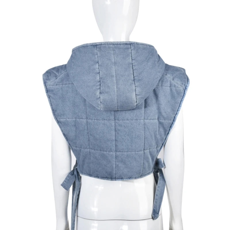 Women's Denim Quilted Sleeveless Zipper Side Hollow-Out Design Bandage Cropped Cargo Puffer Hoodie Vest