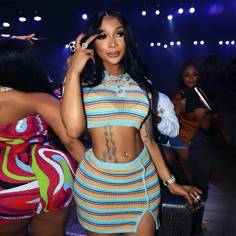 Rainbow Striped Crochet Knitted Ribbed Women's Short Sleeve Button-Up Shirt + Mini Shorts 2-Piece Set