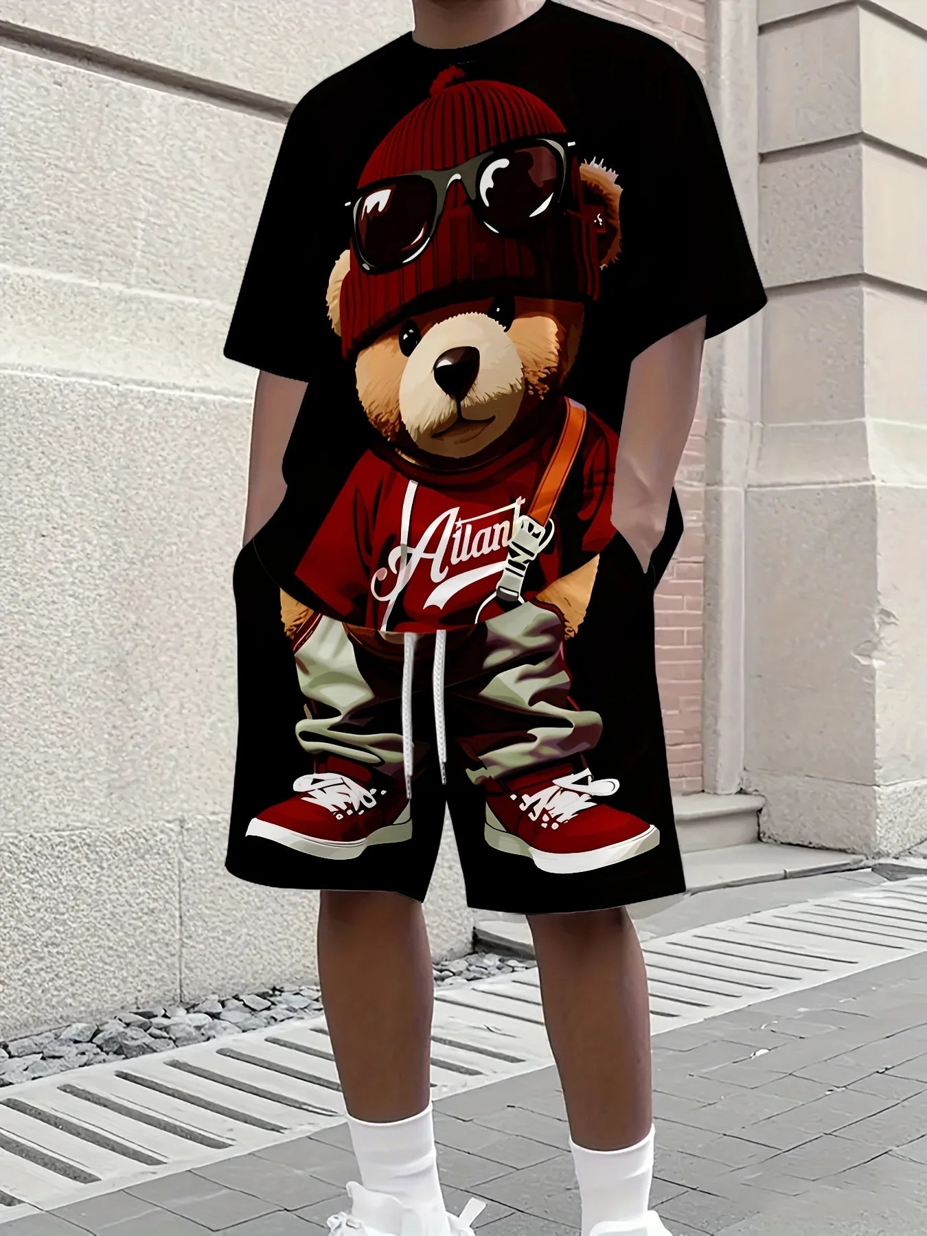 Men's 3D Hip-Hop Teddy Bear Print Short Sleeve T-Shirt + Matching Shorts 2-Piece Set