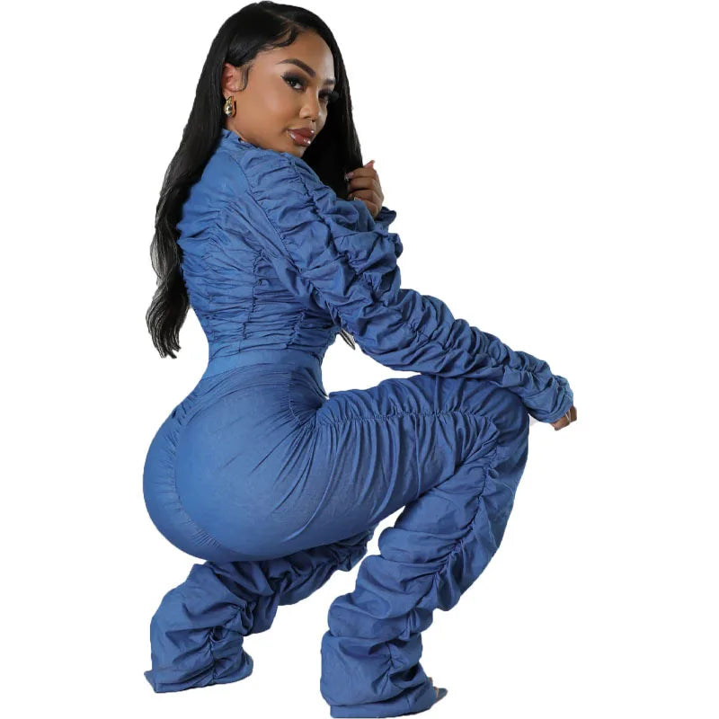 Ruffled Blue Ruched Women's Long Sleeve Cropped Zipper Jacket + Stacked Streetwear Pants 2-Piece Set