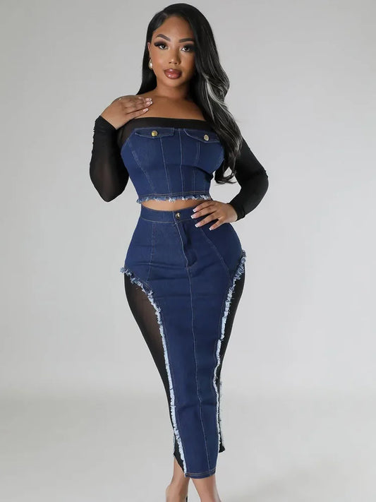 Mesh Patchwork Denim Womens Clubwear Slash Neck Crop Top + Long Skirt Matching 2-Piece Sets