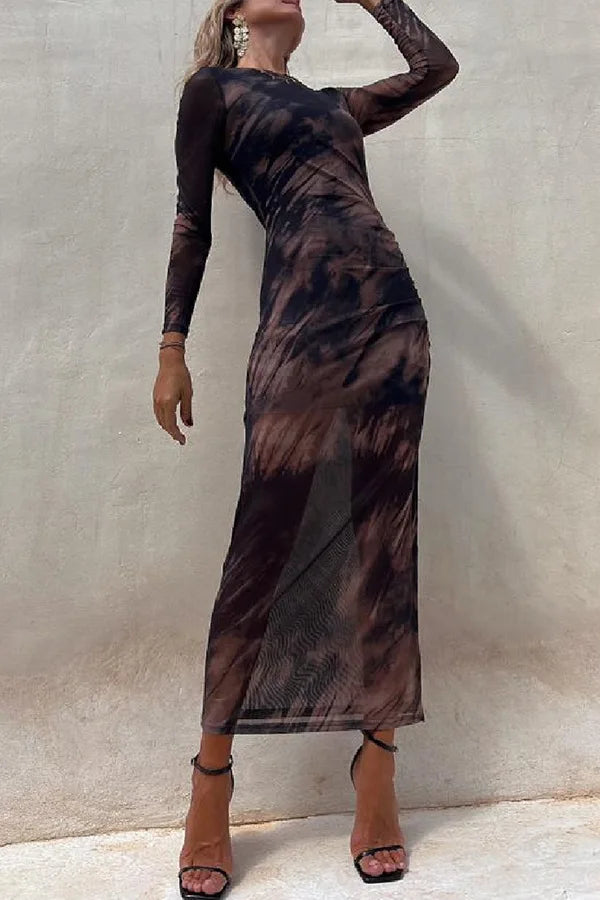 Mesh Sheer Floral Transparent Print Long Sleeve Side Slit Maxi Dress