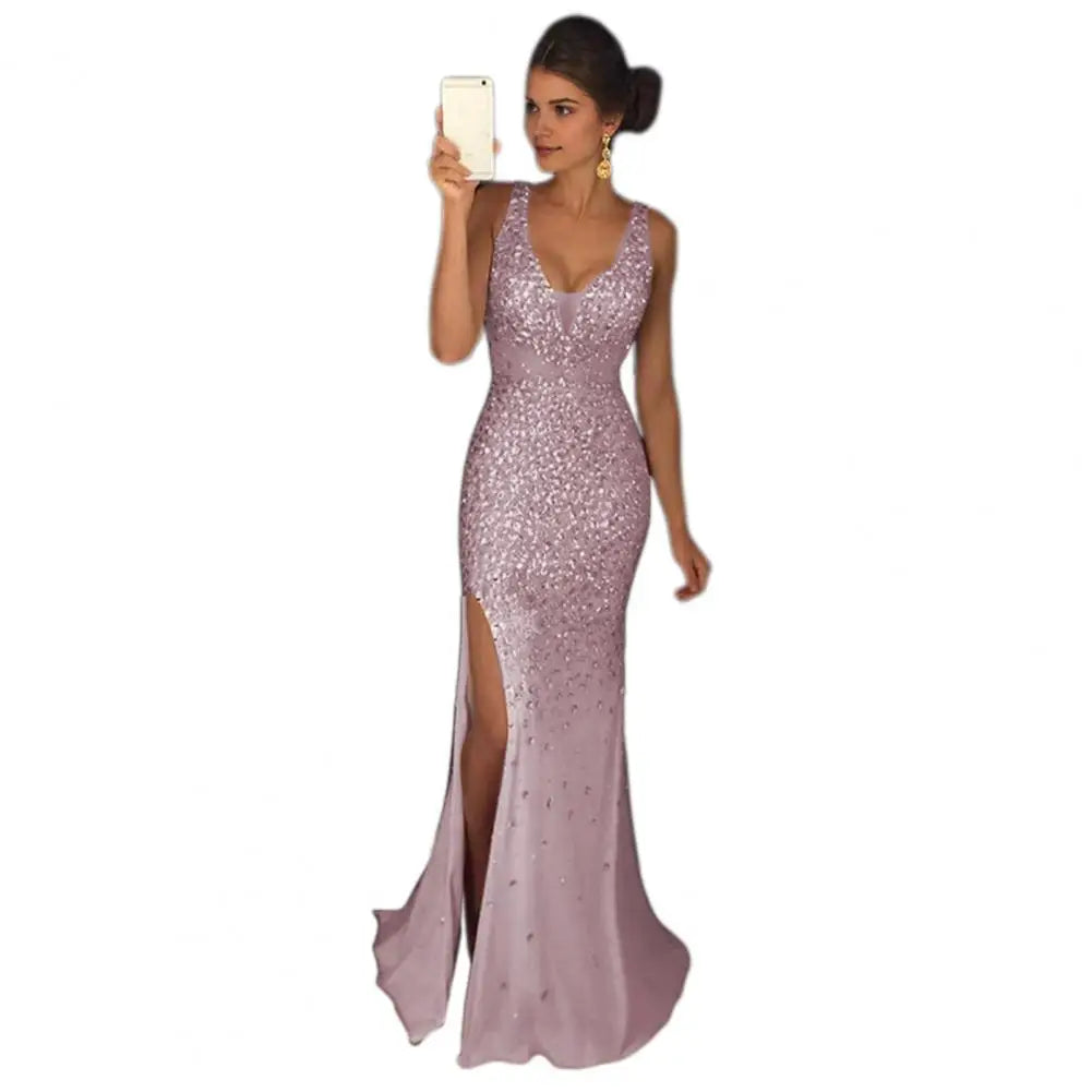 Sparkling Metallic Mesh Patchwork Sequin Sleeveless Split Hem Mermaid High Side Slit Maxi Formal Party/Prom Dress