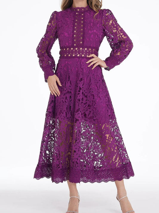 Lace Green Stand Collar Long Sleeve High Waist Cut-Out Formal Maxi Dress