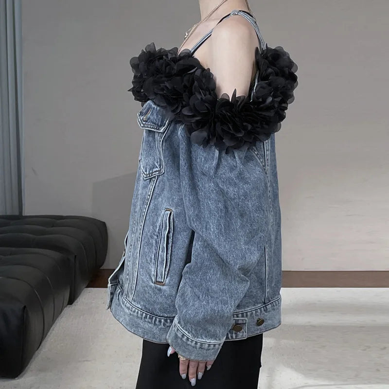Denim Faded Light Blue Irregular Washed Black Rose Flower Trim Off-the-Shoulder Women's Double Pocket Design Jean Jacket