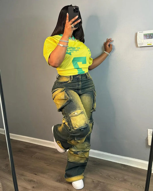 Washed Denim Blue/Yellow Pocketed Women's Streetwear Wide Leg Cargo Jeans