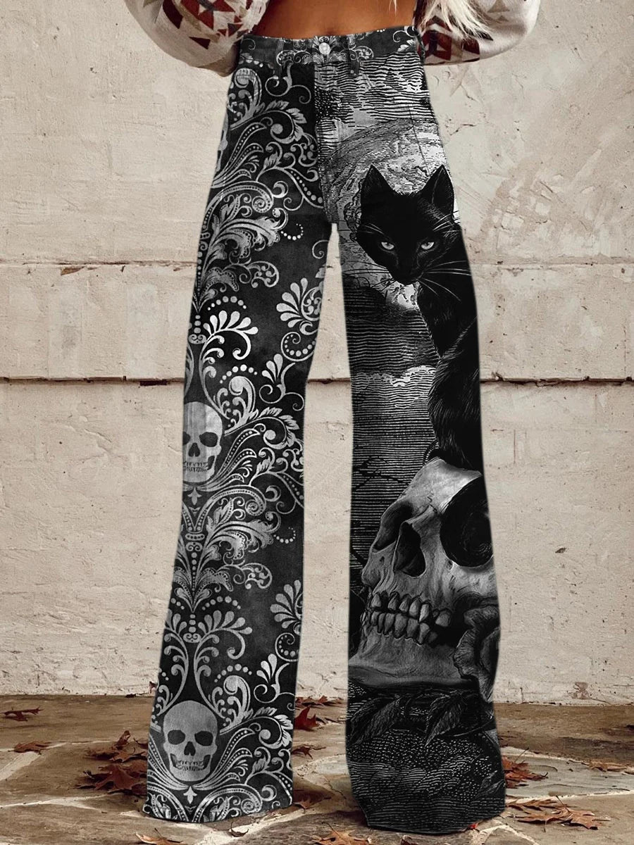 Retro 70's Hippie Colored Flower/Colorblock/Skull/Cherries Painted Women's Button Fly Pants