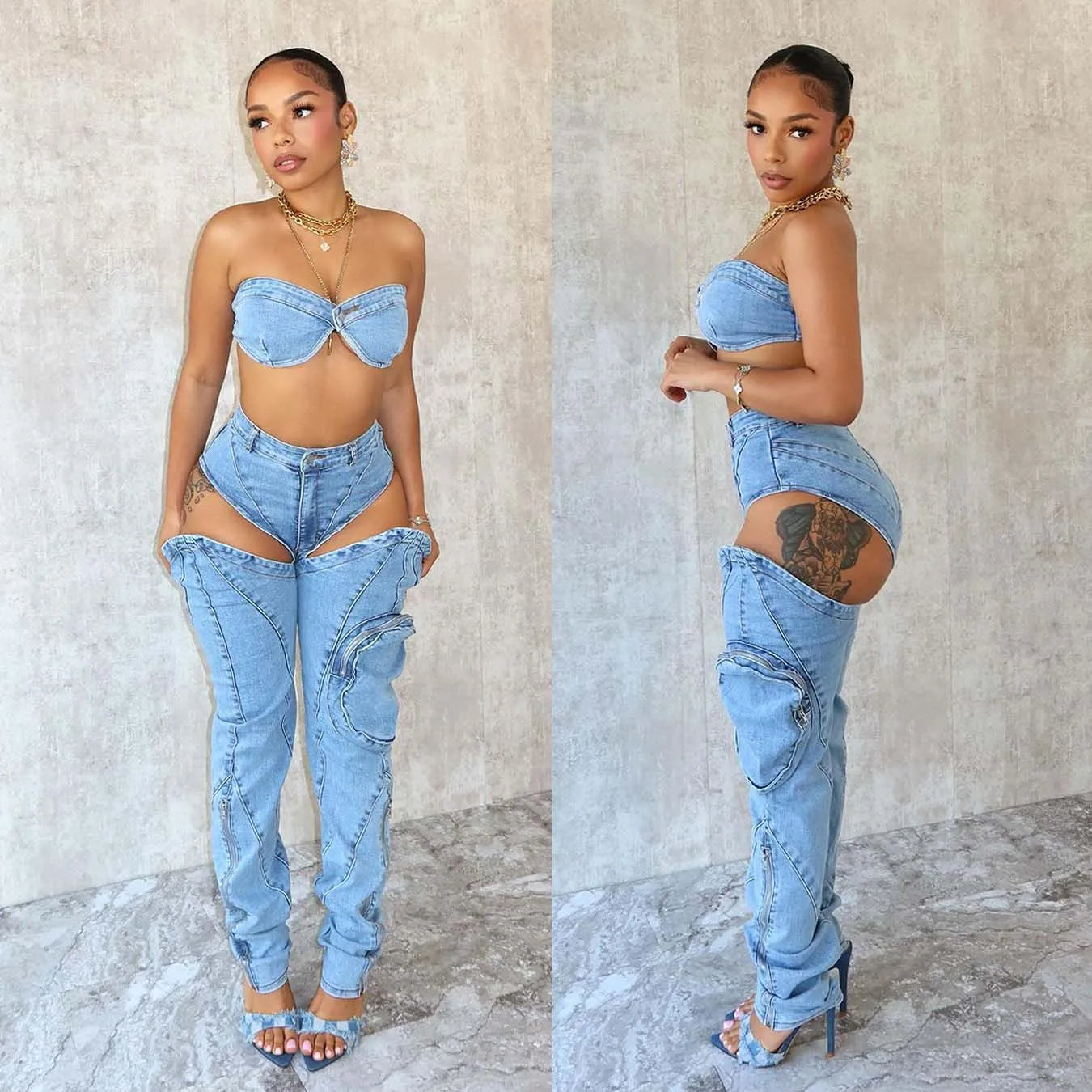 Denim Bikini Tube Top + Cut-Out Streetwear Women's Pencil Jeans 2-Piece Sets