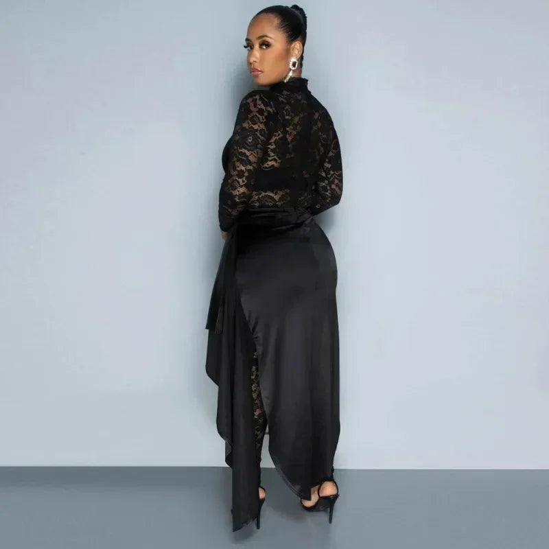 Lace Sheer Hollow-Out Long Sleeve Women’s Jumpsuit + Wrapped Ruched High Slit Maxi Skirt 2-Piece Set