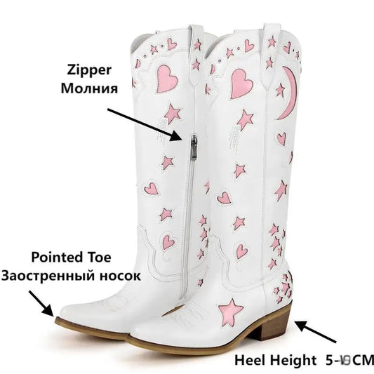 White/Pink Heart Star Moon Embroidered Design Pointed Toe Knee-High Western Side Zipper Cowgirl Rodeo Boots