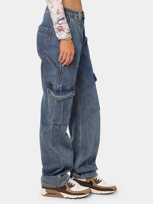 Baggy Women's High Waist Patchwork Pocketed Wide Leg Hip-Hop Streetwear Cargo Jeans